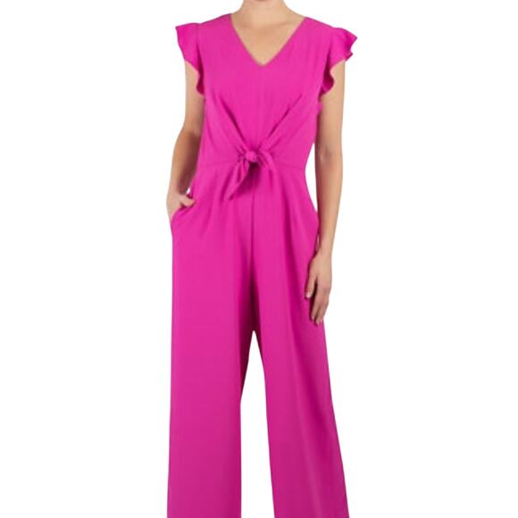 Julia Jordan Fuchsia Pink V Neck Tie Waist Jumpsuit NEW - Picture 1 of 8